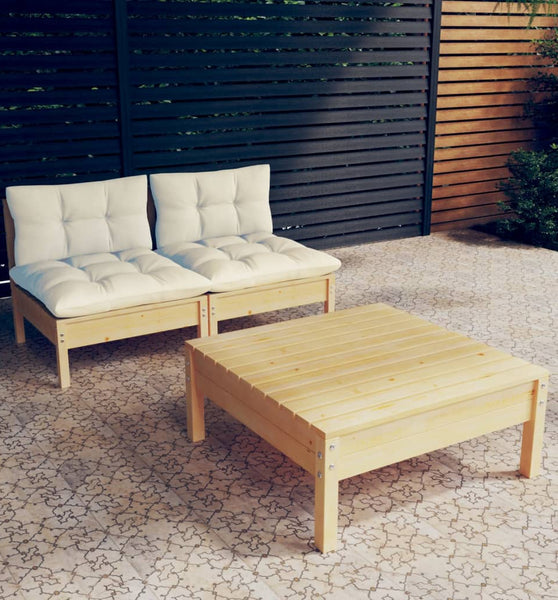 3-tlg. Garten-Lounge-Set mit Creme Kissen Kiefernholz