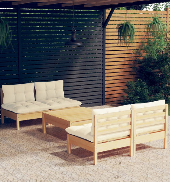 5-tlg. Garten-Lounge-Set mit Creme Kissen Kiefernholz