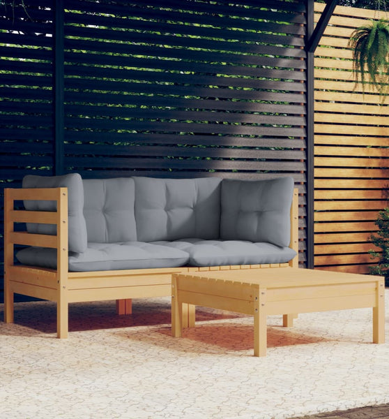 3-tlg. Garten-Lounge-Set mit Grauen Kissen Kiefernholz