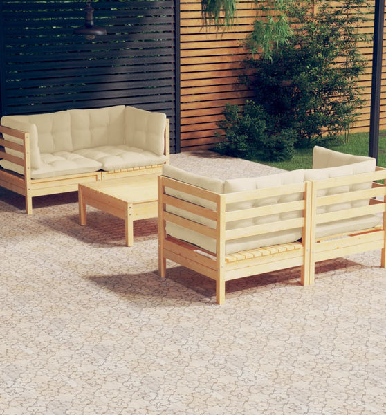 5-tlg. Garten-Lounge-Set mit Creme Kissen Kiefernholz