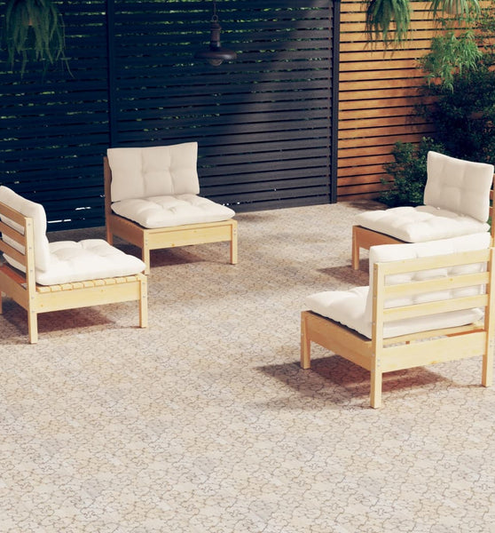 4-tlg. Garten-Lounge-Set mit Creme Kissen Kiefernholz