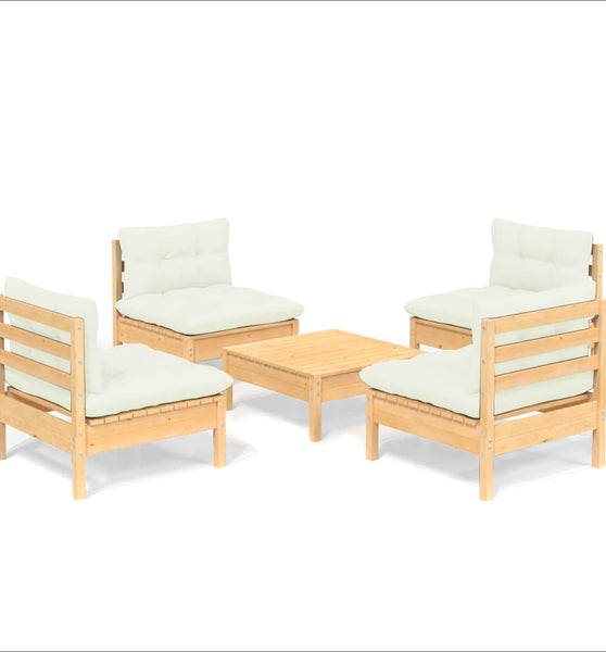 5-tlg. Garten-Lounge-Set mit Creme Kissen Kiefernholz