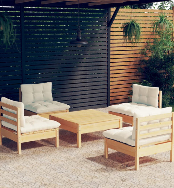 5-tlg. Garten-Lounge-Set mit Creme Kissen Kiefernholz