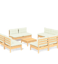 9-tlg. Garten-Lounge-Set mit Creme Kissen Kiefernholz