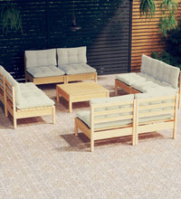 9-tlg. Garten-Lounge-Set mit Creme Kissen Kiefernholz