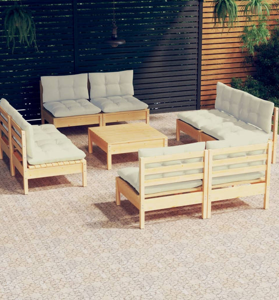 9-tlg. Garten-Lounge-Set mit Creme Kissen Kiefernholz