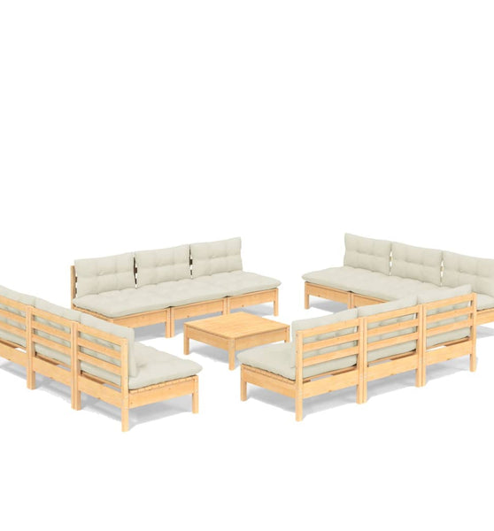 13-tlg. Garten-Lounge-Set mit Creme Kissen Kiefernholz