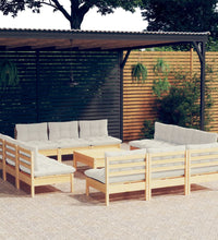 13-tlg. Garten-Lounge-Set mit Creme Kissen Kiefernholz