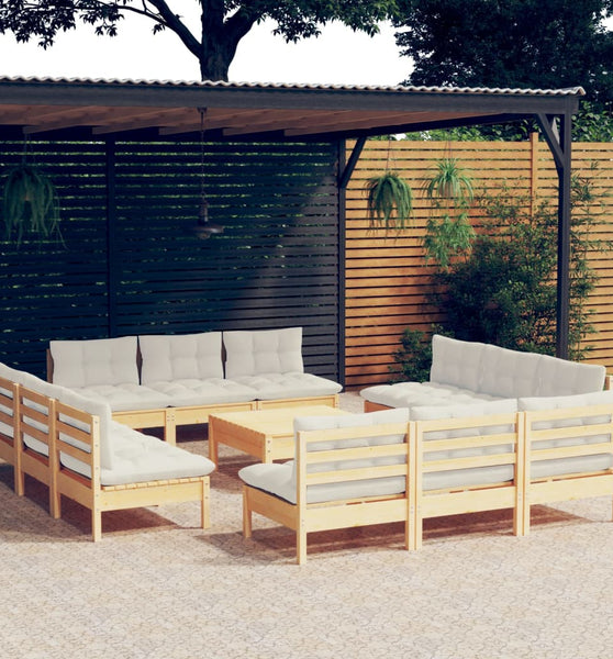 13-tlg. Garten-Lounge-Set mit Creme Kissen Kiefernholz