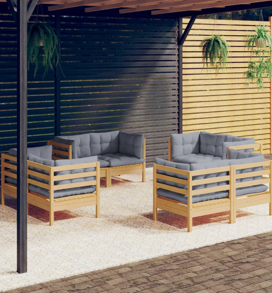 8-tlg. Garten-Lounge-Set mit Grauen Kissen Kiefernholz