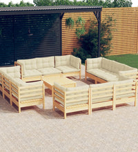 13-tlg. Garten-Lounge-Set mit Creme Kissen Kiefernholz