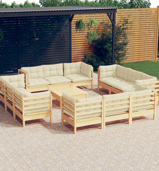 13-tlg. Garten-Lounge-Set mit Creme Kissen Kiefernholz