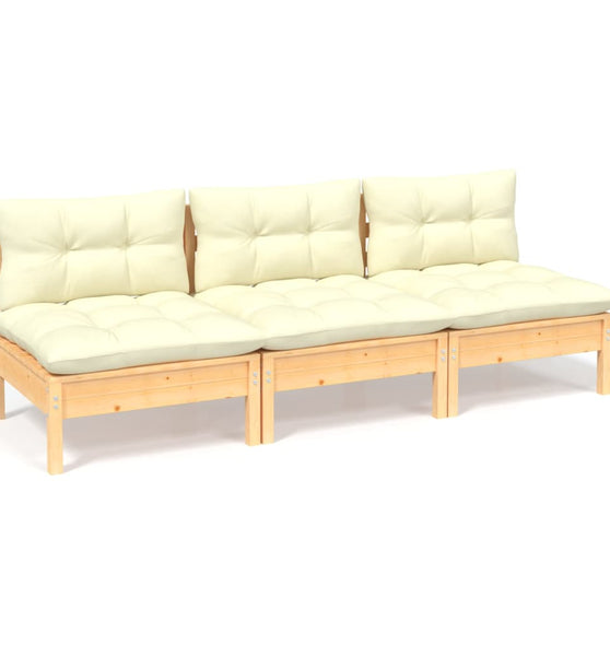 3-Sitzer-Gartensofa mit Creme Kissen Massivholz Kiefer