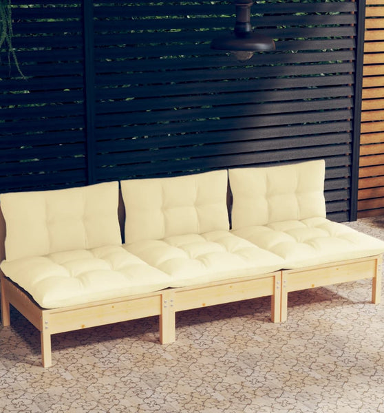 3-Sitzer-Gartensofa mit Creme Kissen Massivholz Kiefer