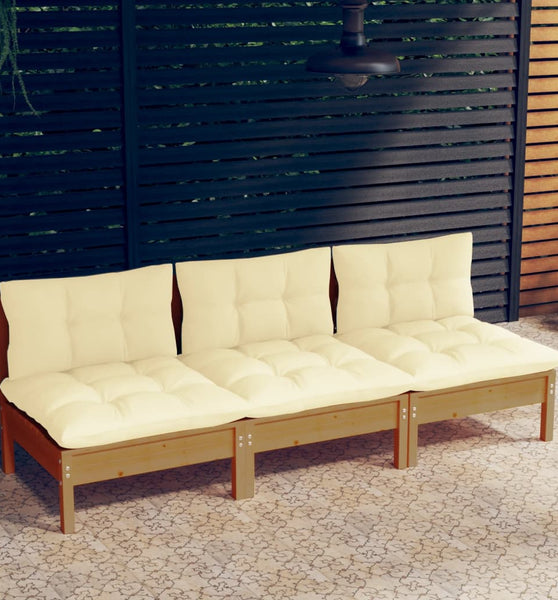 3-Sitzer-Gartensofa mit Creme Kissen Massivholz Kiefer