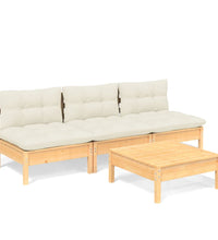 4-tlg. Garten-Lounge-Set mit Creme Kissen Kiefernholz