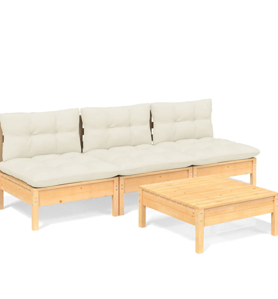 4-tlg. Garten-Lounge-Set mit Creme Kissen Kiefernholz