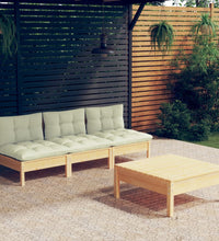 4-tlg. Garten-Lounge-Set mit Creme Kissen Kiefernholz