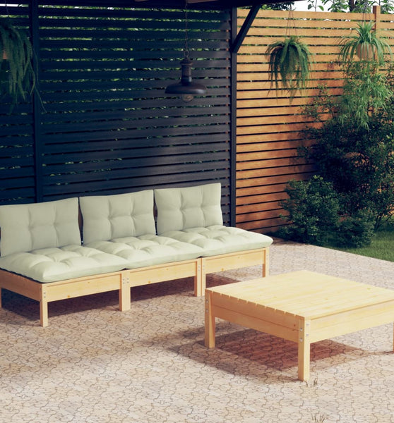 4-tlg. Garten-Lounge-Set mit Creme Kissen Kiefernholz