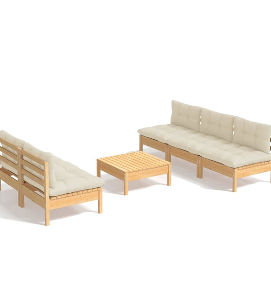 6-tlg. Garten-Lounge-Set mit Creme Kissen Kiefernholz