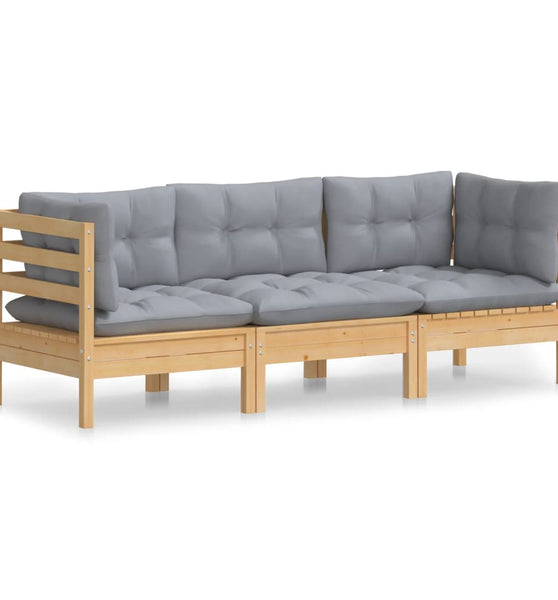 3-Sitzer-Gartensofa mit Grauen Kissen Massivholz Kiefer