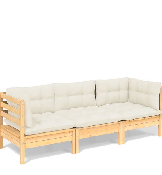 3-Sitzer-Gartensofa mit Creme Kissen Massivholz Kiefer