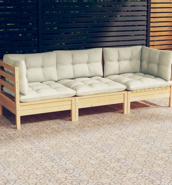 3-Sitzer-Gartensofa mit Creme Kissen Massivholz Kiefer