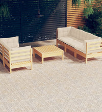 6-tlg. Garten-Lounge-Set mit Creme Kissen Kiefernholz