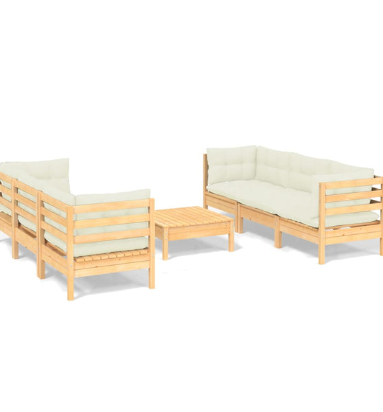 7-tlg. Garten-Lounge-Set mit Creme Kissen Kiefernholz