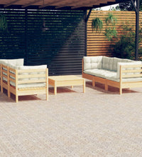 7-tlg. Garten-Lounge-Set mit Creme Kissen Kiefernholz