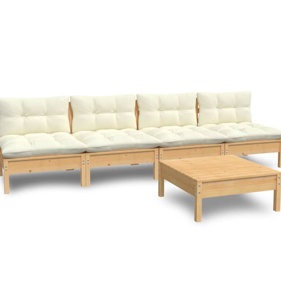 5-tlg. Garten-Lounge-Set mit Creme Kissen Kiefernholz