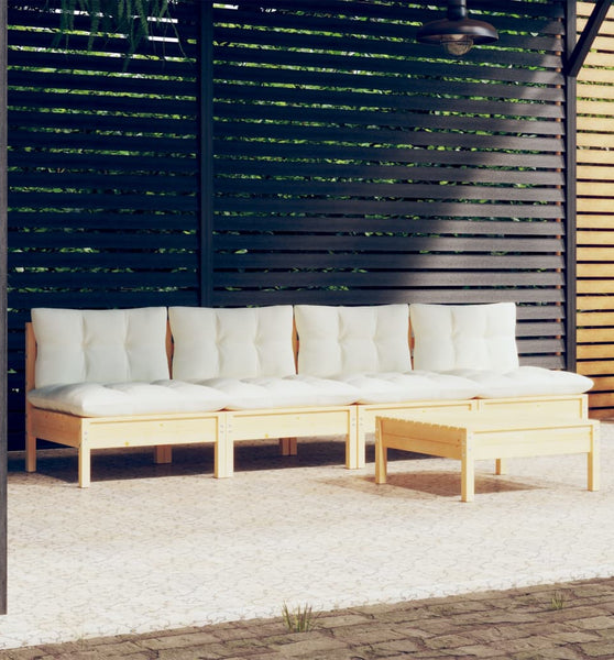 5-tlg. Garten-Lounge-Set mit Creme Kissen Kiefernholz