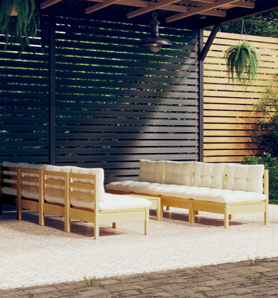 9-tlg. Garten-Lounge-Set mit Creme Kissen Massivholz Kiefer