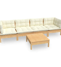 5-tlg. Garten-Lounge-Set mit Creme Kissen Kiefer Massivholz