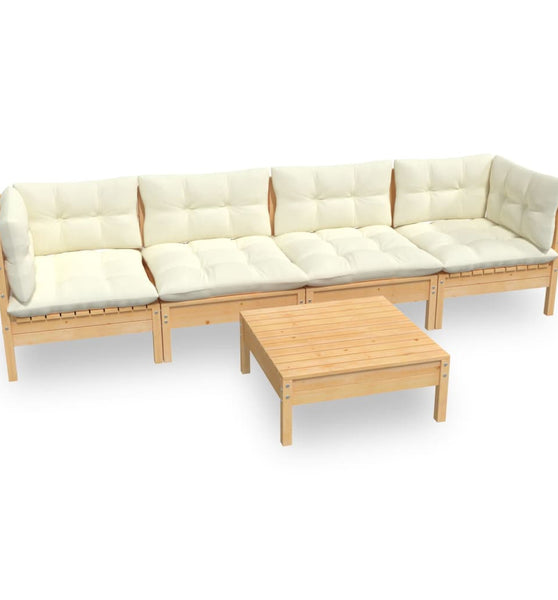 5-tlg. Garten-Lounge-Set mit Creme Kissen Kiefer Massivholz