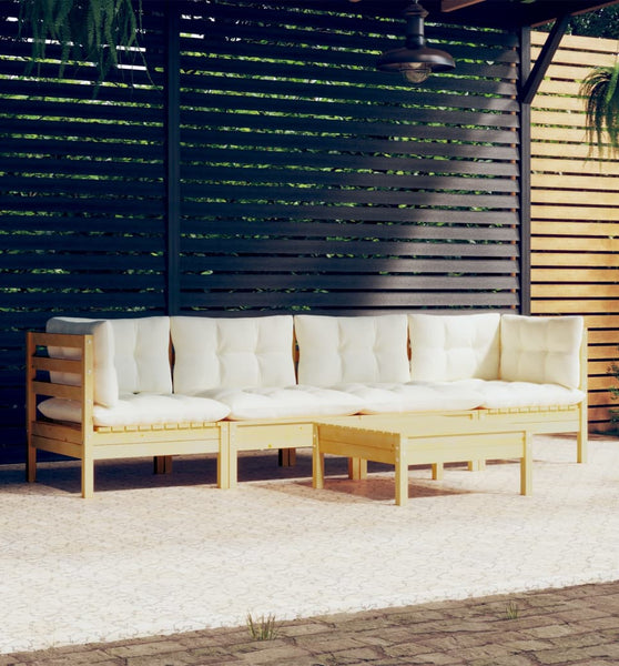 5-tlg. Garten-Lounge-Set mit Creme Kissen Kiefer Massivholz