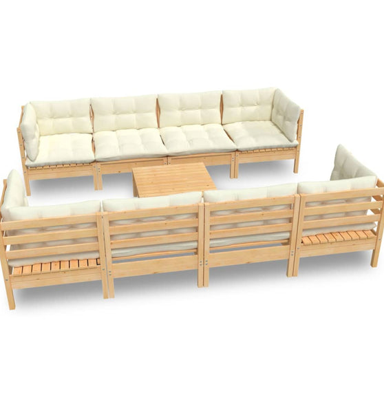 9-tlg. Garten-Lounge-Set mit Creme Kissen Massivholz Kiefer