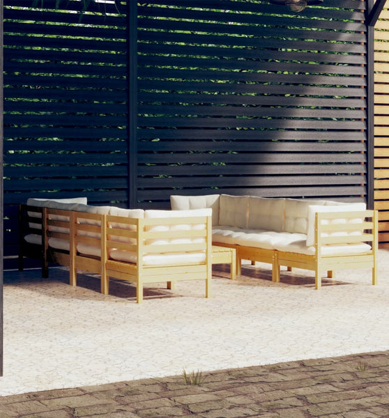 9-tlg. Garten-Lounge-Set mit Creme Kissen Massivholz Kiefer