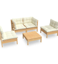 5-tlg. Garten-Lounge-Set mit Creme Kissen Kiefer Massivholz