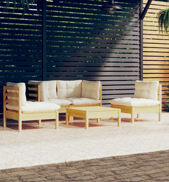 5-tlg. Garten-Lounge-Set mit Creme Kissen Kiefer Massivholz