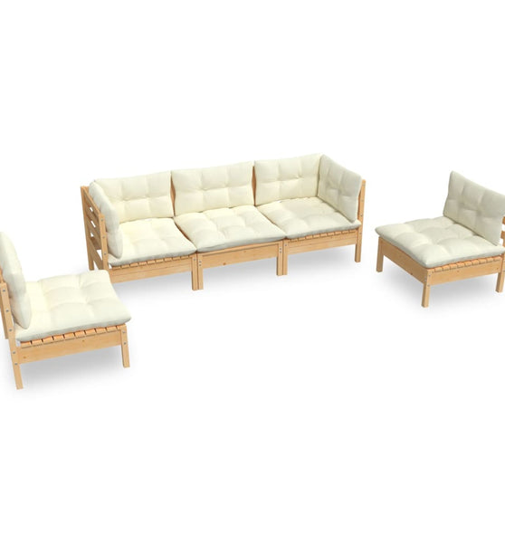 5-tlg. Garten-Lounge-Set mit Creme Kissen Massivholz Kiefer