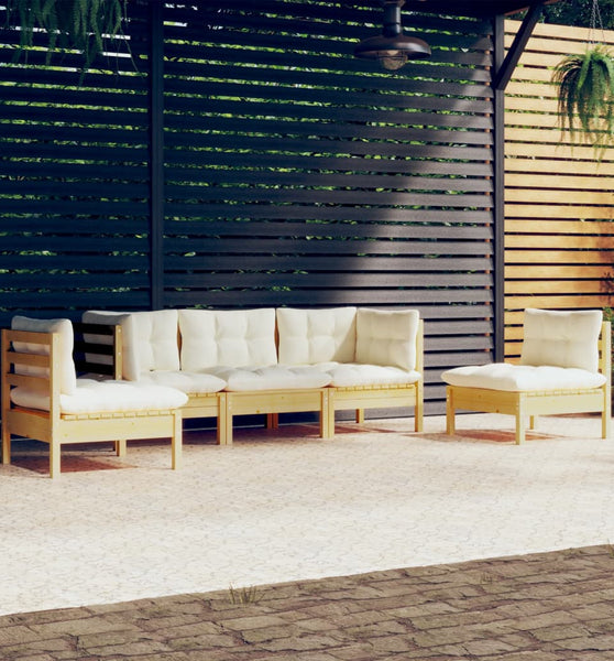 5-tlg. Garten-Lounge-Set mit Creme Kissen Massivholz Kiefer