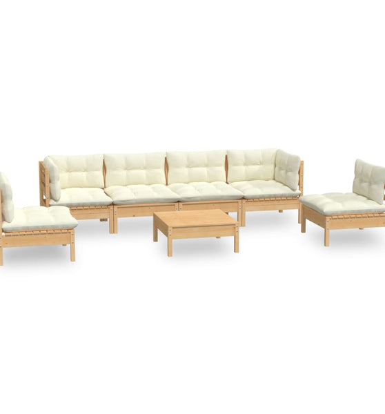 7-tlg. Garten-Lounge-Set mit Creme Kissen Massivholz Kiefer