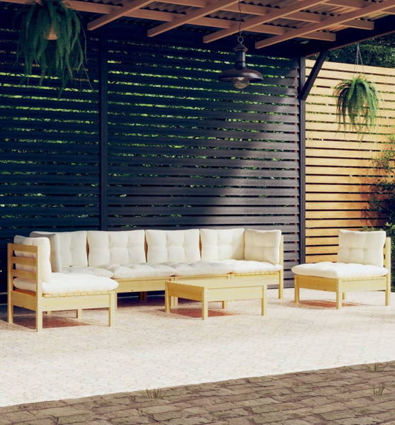 7-tlg. Garten-Lounge-Set mit Creme Kissen Massivholz Kiefer