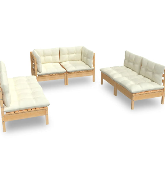 6-tlg. Garten-Lounge-Set mit Creme Kissen Massivholz Kiefer