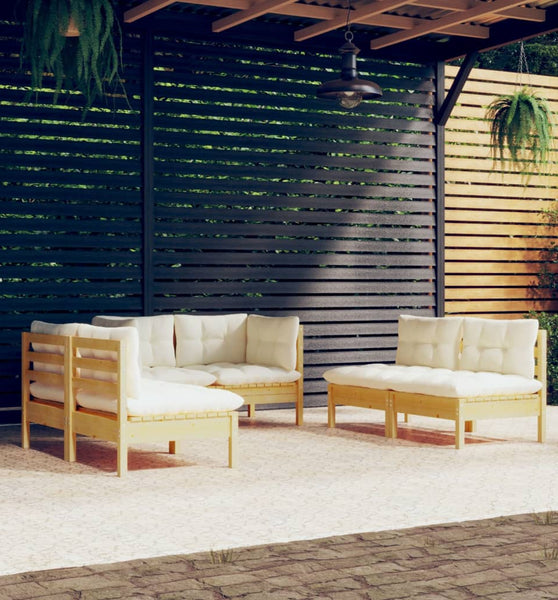 6-tlg. Garten-Lounge-Set mit Creme Kissen Massivholz Kiefer