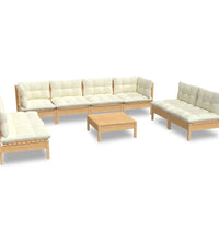 9-tlg. Garten-Lounge-Set mit Creme Kissen Massivholz Kiefer