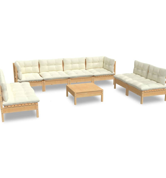 9-tlg. Garten-Lounge-Set mit Creme Kissen Massivholz Kiefer