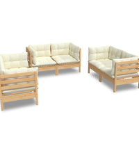 6-tlg. Garten-Lounge-Set mit Creme Kissen Massivholz Kiefer