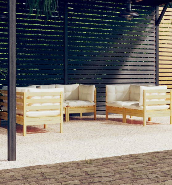 6-tlg. Garten-Lounge-Set mit Creme Kissen Massivholz Kiefer